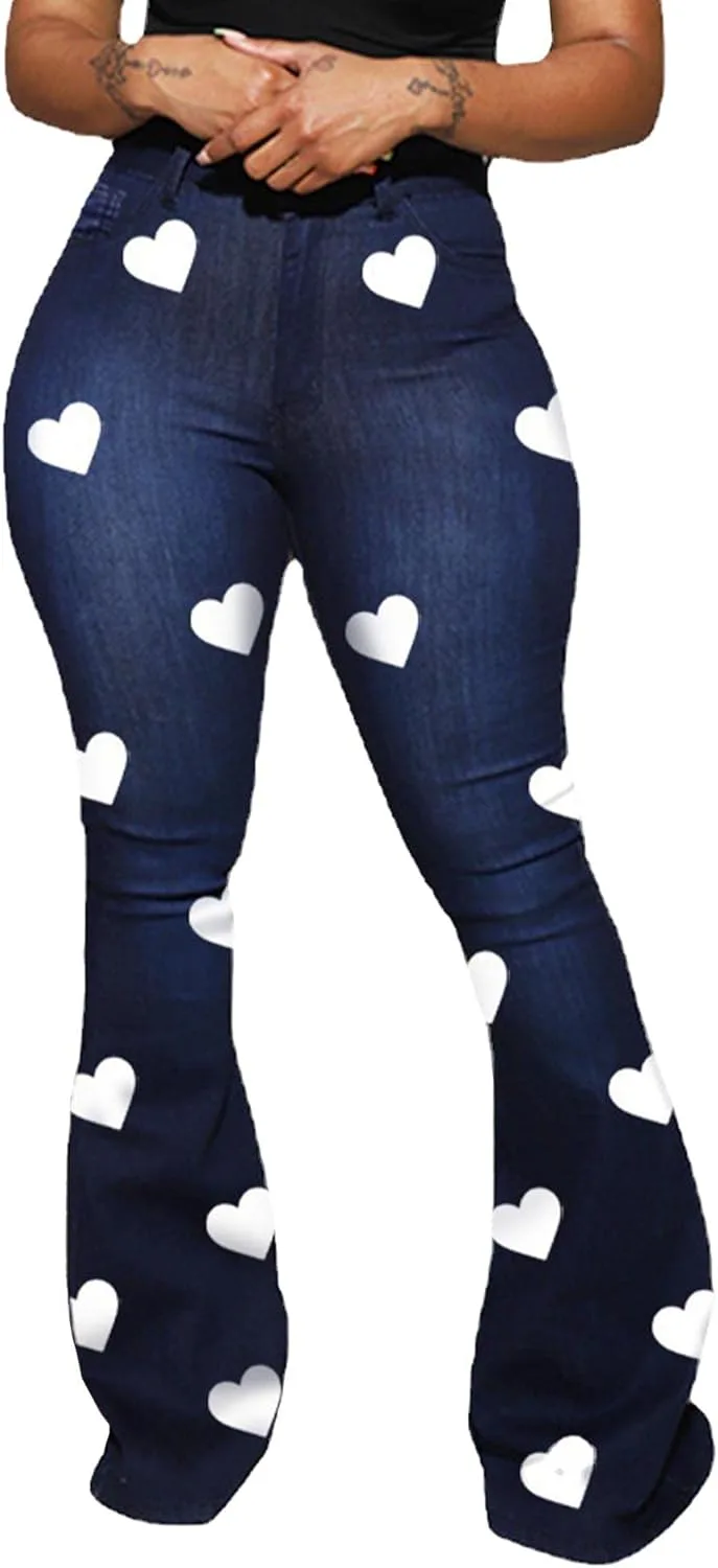 

Raboolion женские джинсы-брюки с расклешенными штанинами и принтом в виде сердца