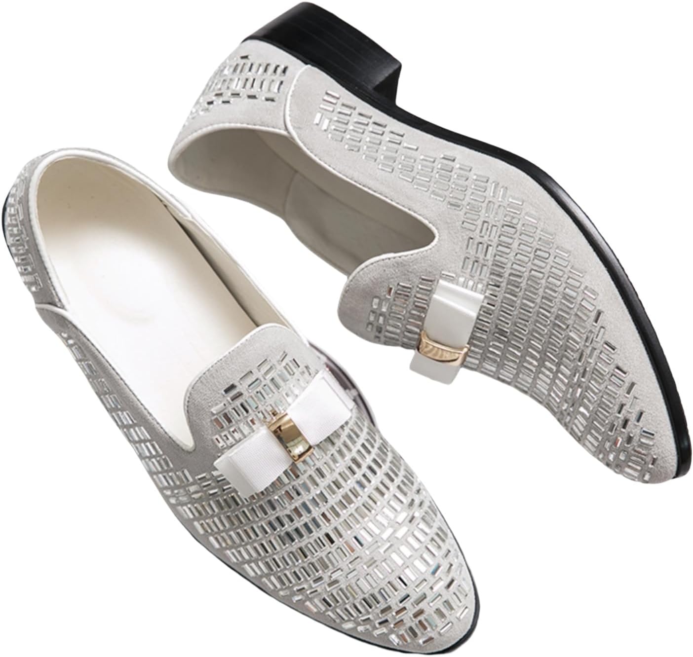 

Мужские кожаные лоферы с стразами и бантом - официальная обувь для банкета, выпускного, свадьбы, мероприятий с смокингом, без шнурков Khwfjas, белый