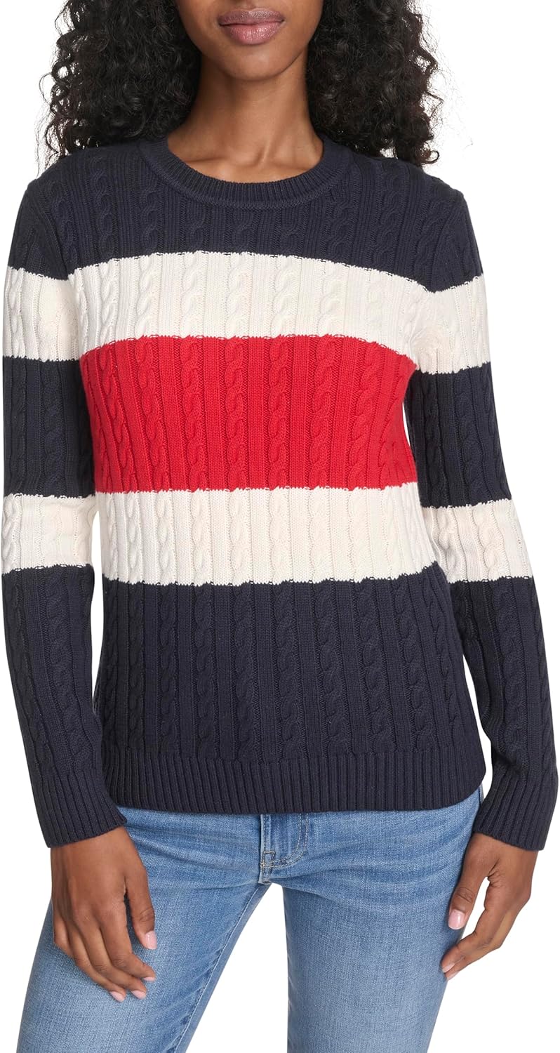 

Женский хлопковый свитер Tommy Hilfiger с круглым вырезом и косами, Sky Captain Multi Colorblock