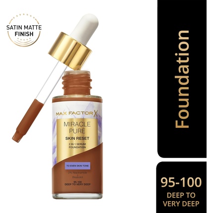 Тональная основа Miracle Pure Serum Foundation 95-100 Deep to Very Deep Формула сыворотки 2-в-1 Среднее покрытие Атласно-матовый финиш 2% ниацинамида Протестировано дерматологами Max Factor — фото 3