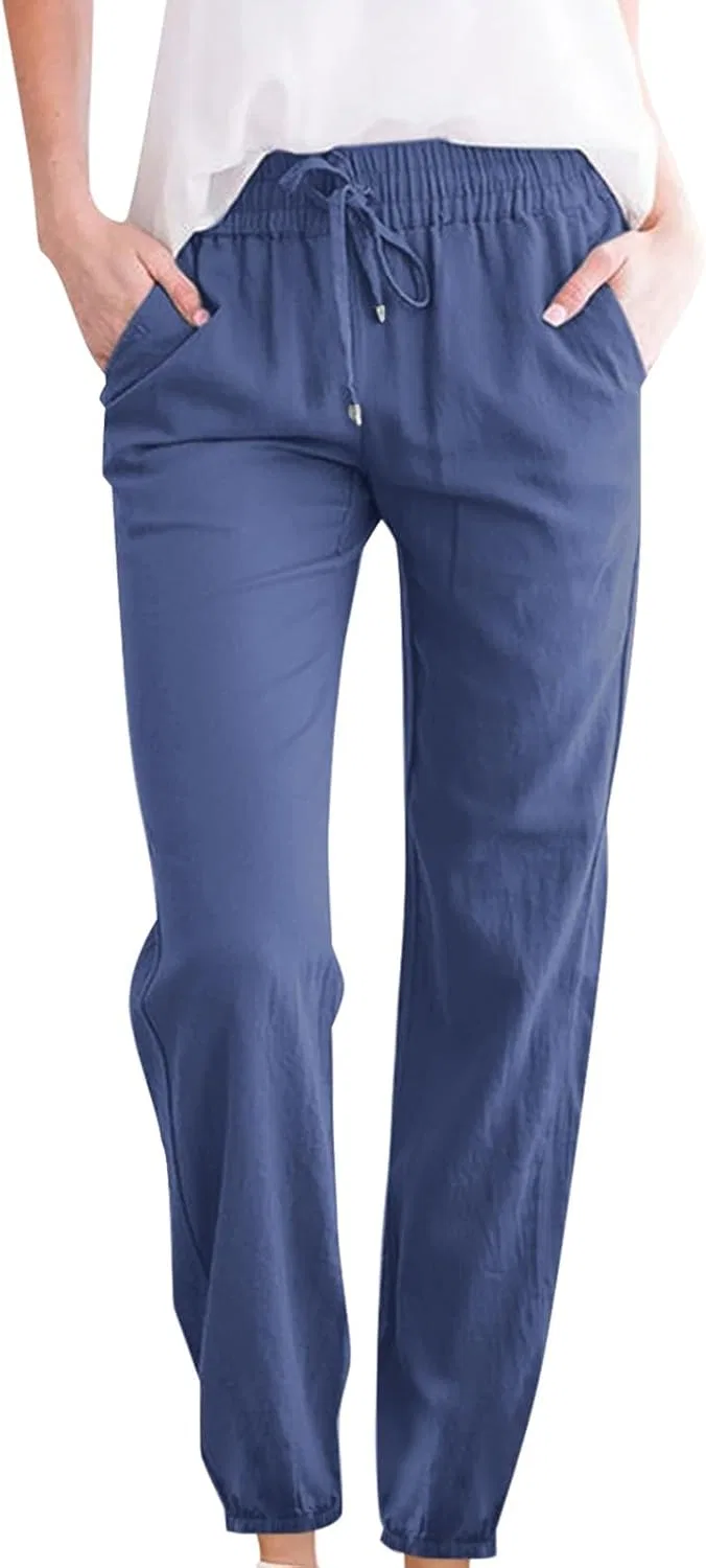 Штаны женские с высокой талией, широкие, Cotton Linen, A02_blue