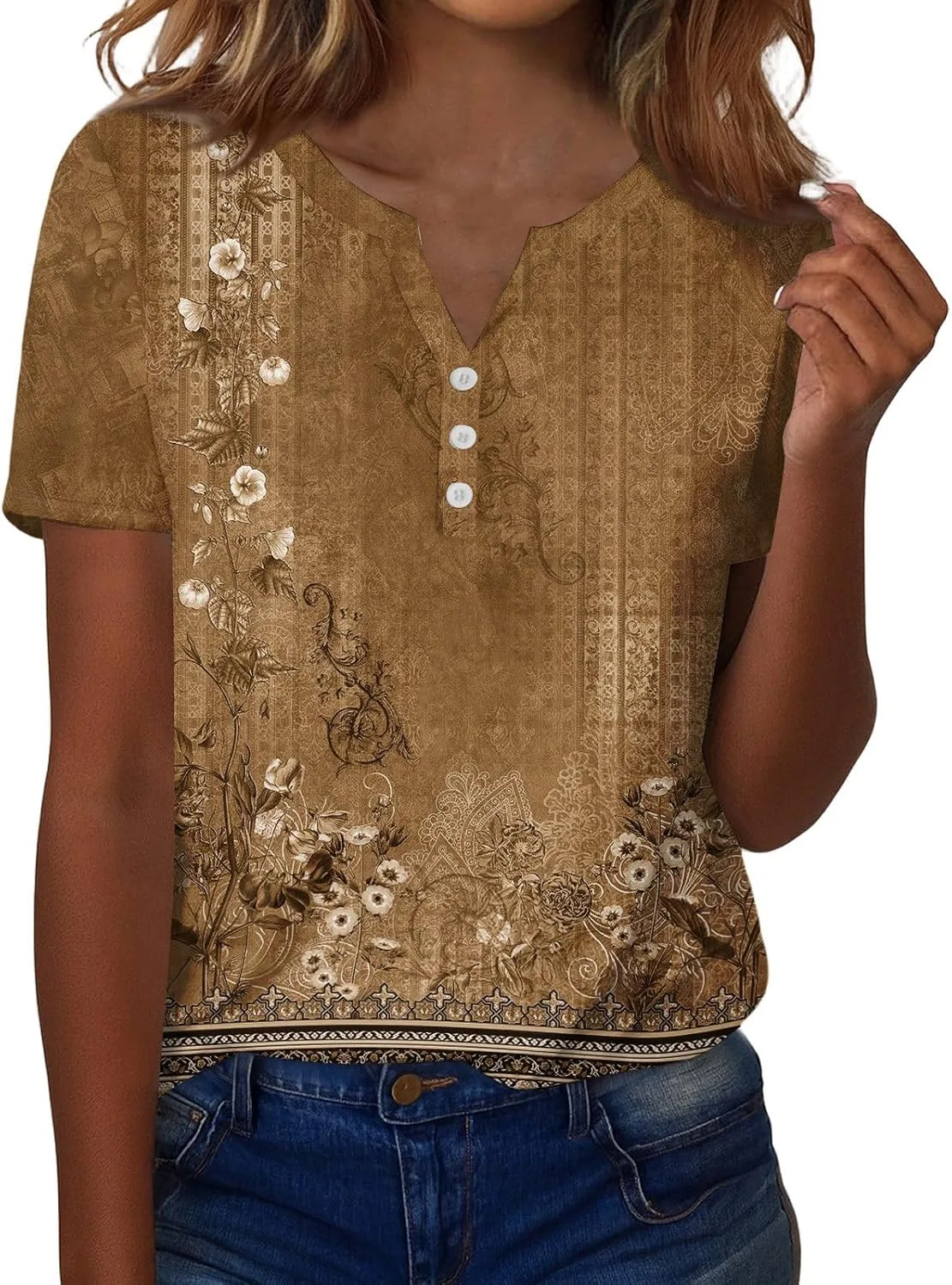 

Женская блузка с коротким рукавом, V-образным вырезом и цветочным принтом UDAUDU