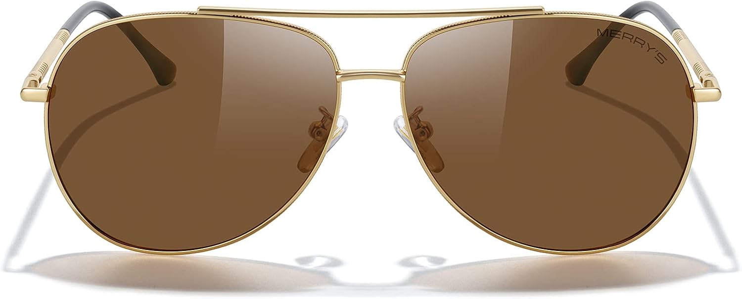

Солнцезащитные очки-авиаторы MERRY'S для женщин и мужчин, с поляризованными зеркальными линзами и футляром - поляризованные очки для вождения, 60 мм, Gold Frame/Brown Lens