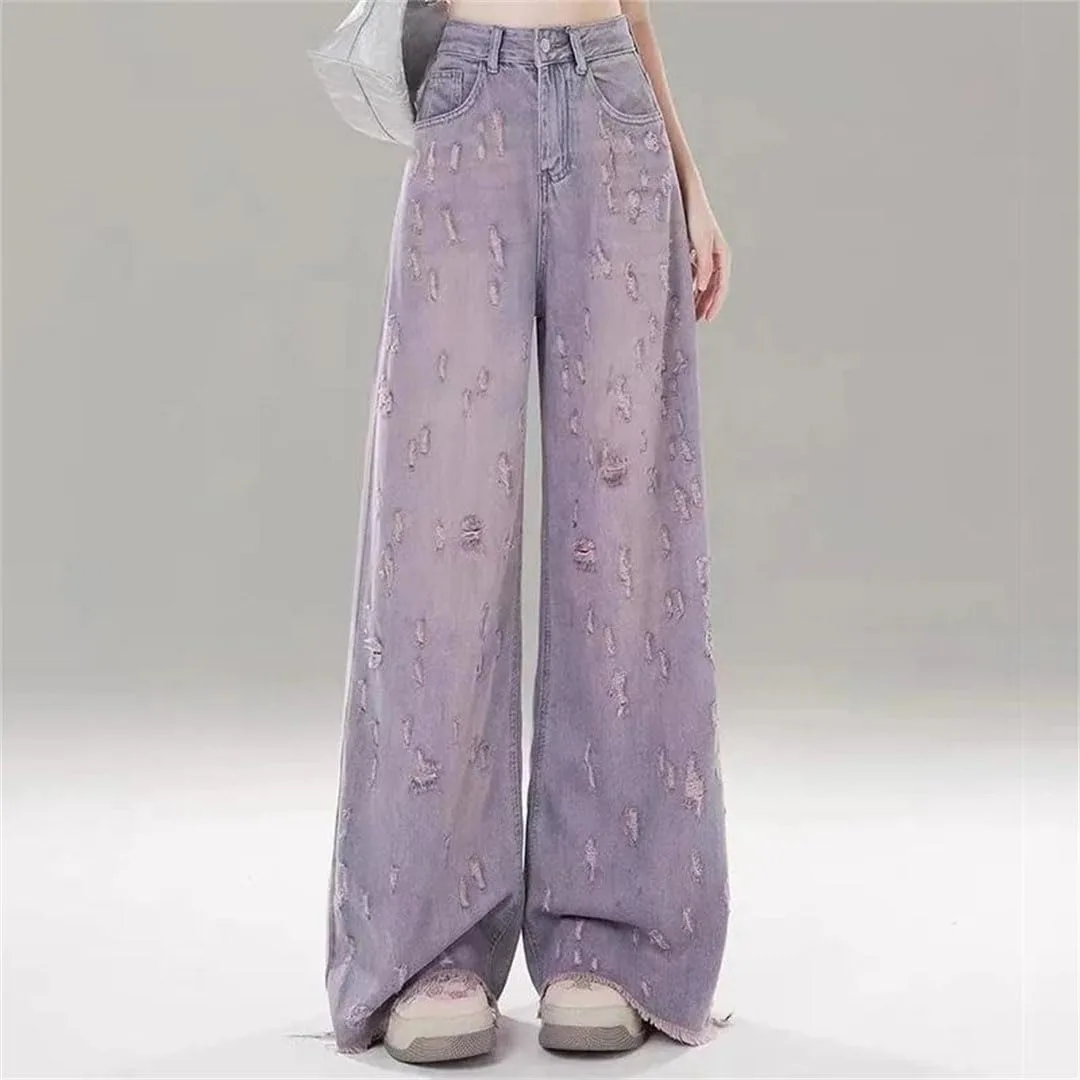 Женские рваные брюки в стиле baggy, джинсы с грубым краем в корейском стиле Generic, фиолетовый — фото 2