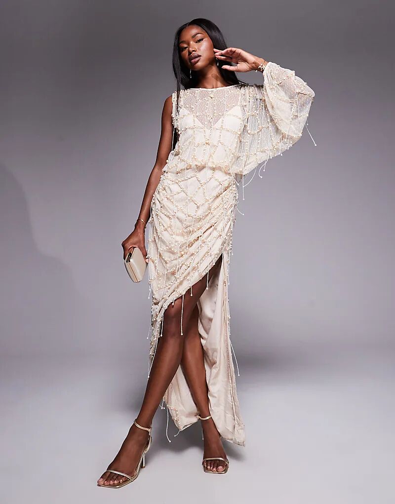 

Длинное платье-драпировка с жемчугом и бахромой ASOS DESIGN кремового цвета