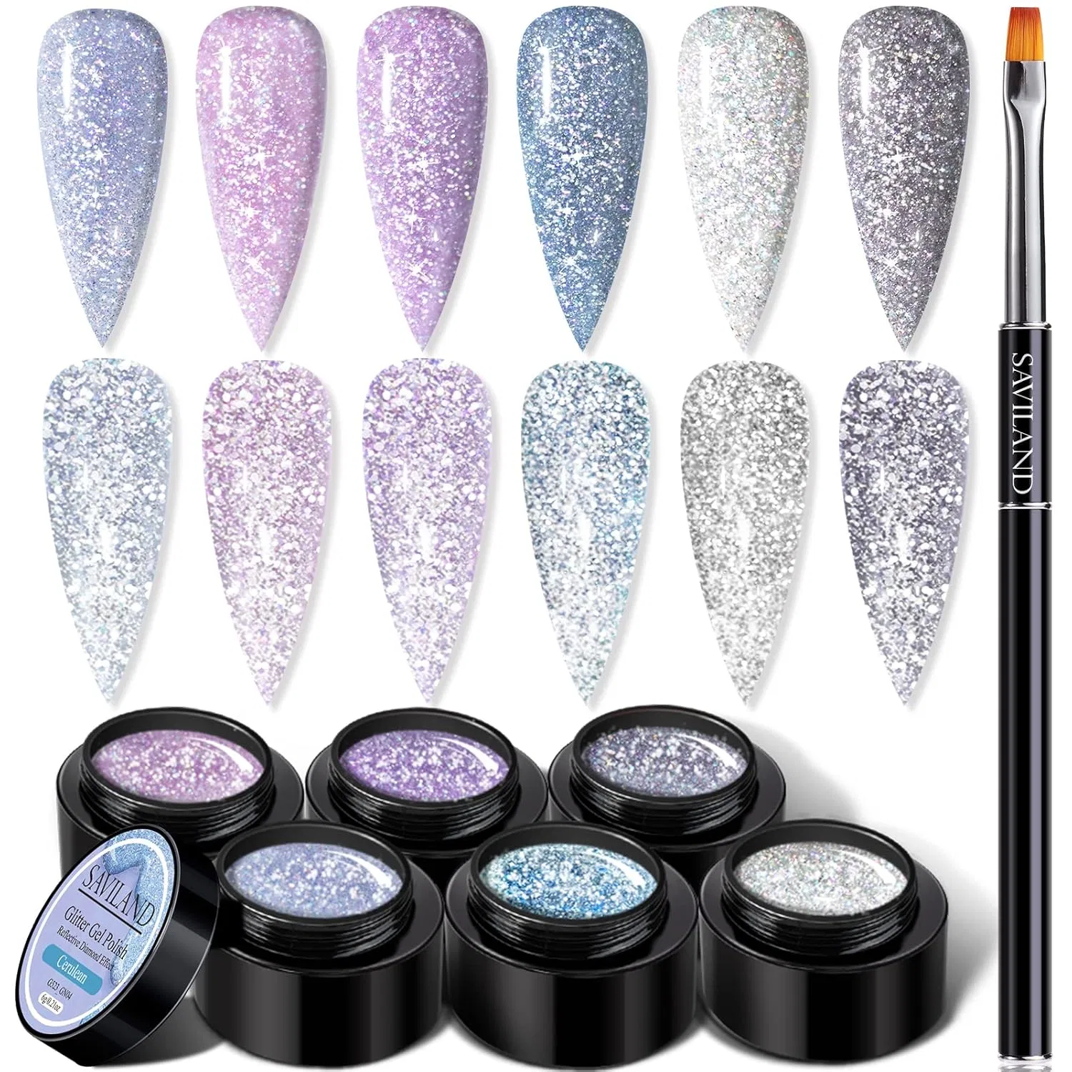 Набор светоотражающих гель-лаков с блестками (6 цветов) от Saviland Saviland, Purple, Blue, Black, Sparkly