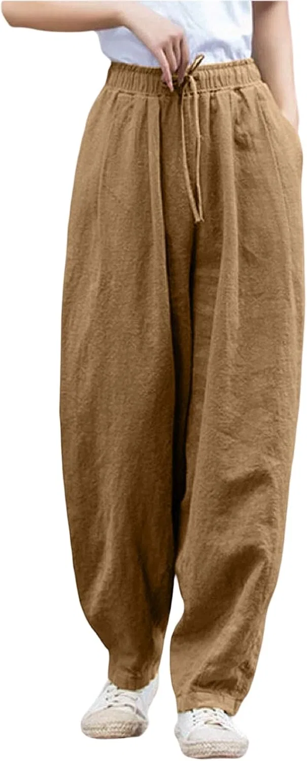 Широкие льняные брюки женские, Khaki