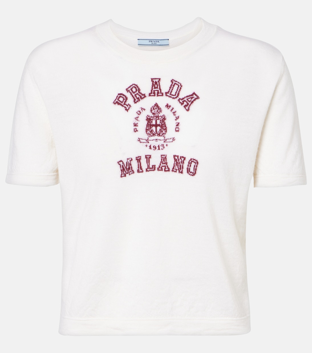 

Укороченная кашемировая футболка с логотипом Prada, Bianco + Amaranto