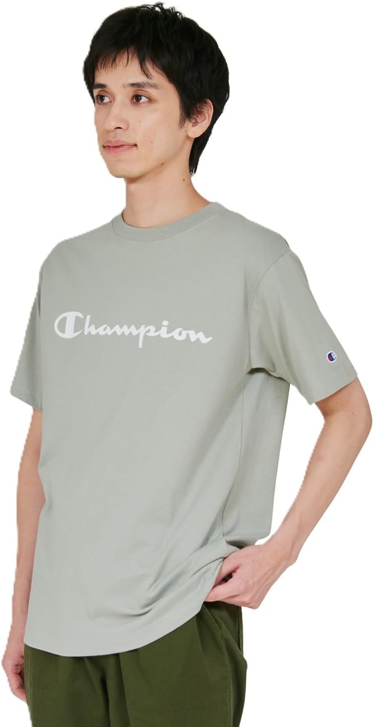 

Мужская футболка Champion с коротким рукавом и круглым вырезом, 100% хлопок, логотип с надписью, резиновый принт, C3-X358, серовато-зеленый