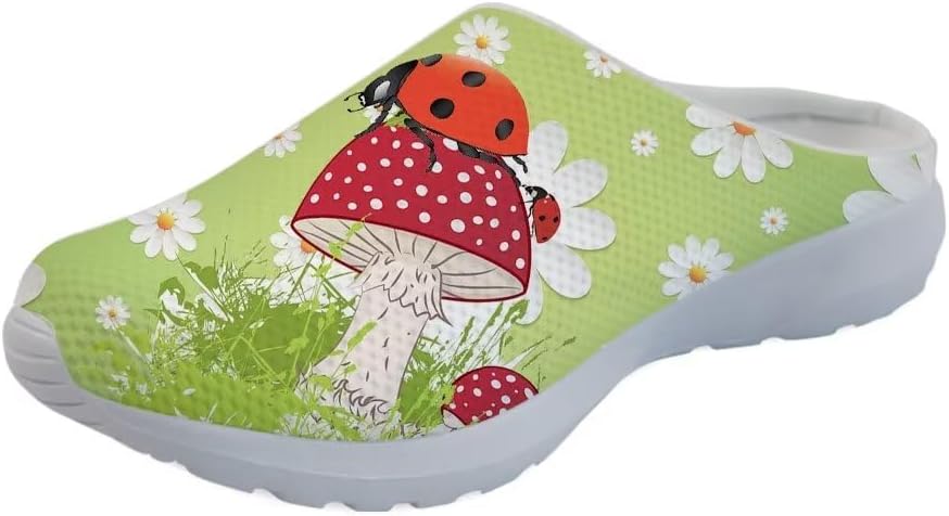 

Кроссовки Forchrinse Native Indian Aztec Hippie Mandala для мужчин, прогулочные мулы; женские слипоны, садовые сабо, тапочки с открытой пяткой, обувь для дома и ухода, Ladybug Mushroom Daisy