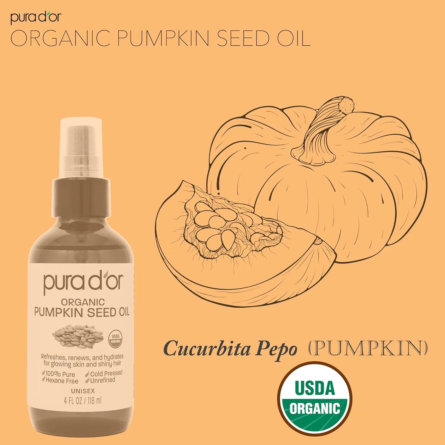 Масло для тела и лица PURA D'OR Organic Pumpkin Seed Oil, 118 мл — фото 4