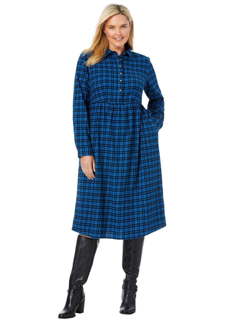 

Платье-рубашка А-силуэта из клетчатой фланели больших размеров Woman Within, Bright cobalt plaid