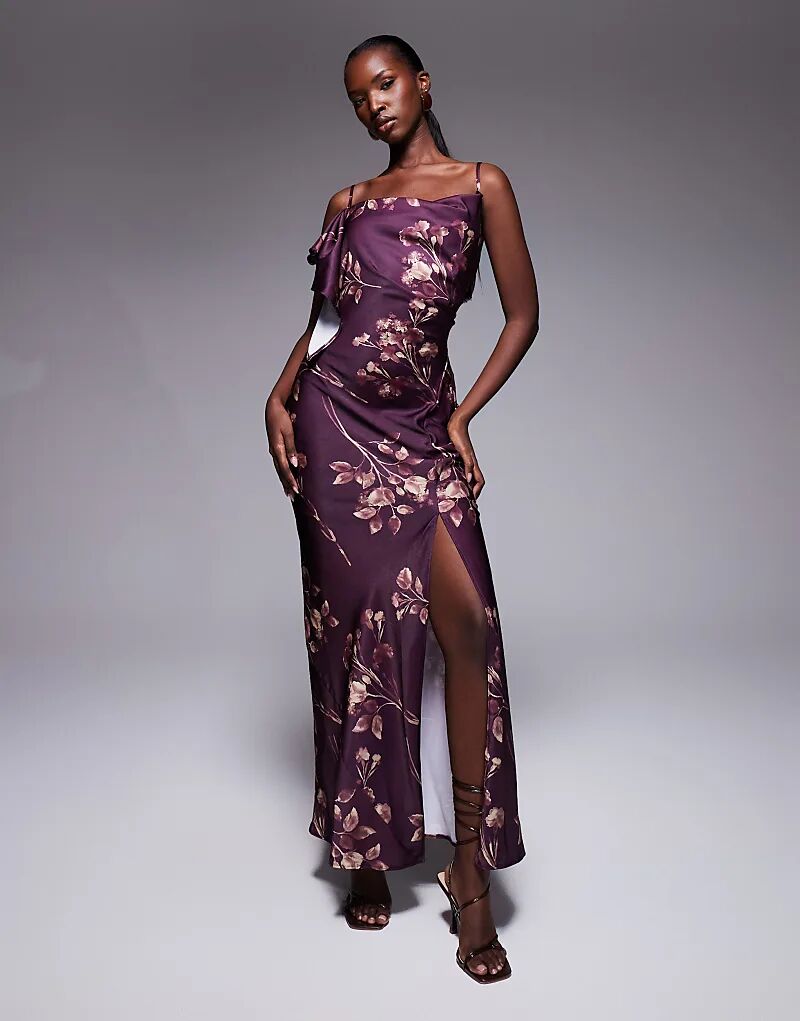 

Платье миди ASOS DESIGN из атласа с драпировкой, оборками и асимметричной спинкой с бордовым цветочным принтом