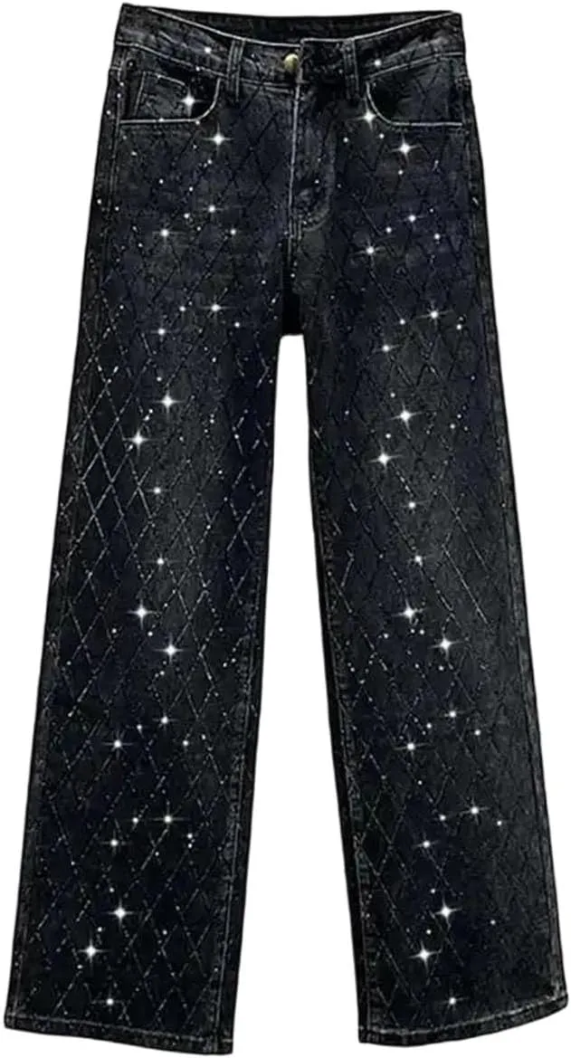 

Женские брюки деним с высокой талией и стразами