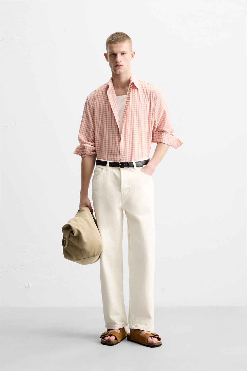 

Рубашка в клетку из хлопка/вискозы ZARA, розовый