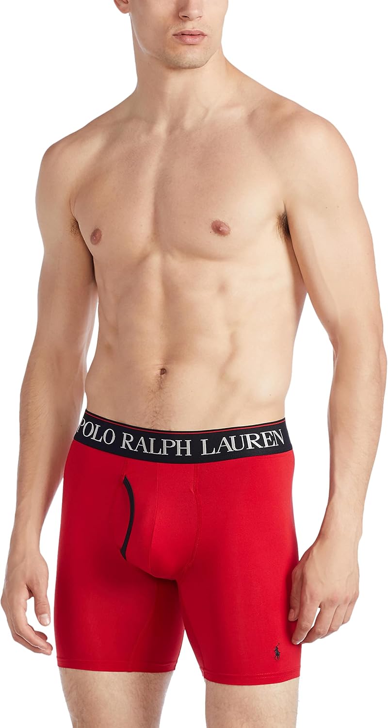 Мужские боксеры-трусы POLO RALPH LAUREN 4D Flex Cooling из микрофибры, длинные и плавки, 3 пары, Grey/Black Red/Black - 3 Pack — фото 3