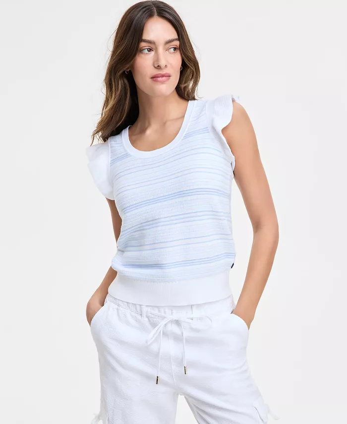 

Женский хлопковый свитер с полосками и рюшами на рукавах Nautica Jeans, синий