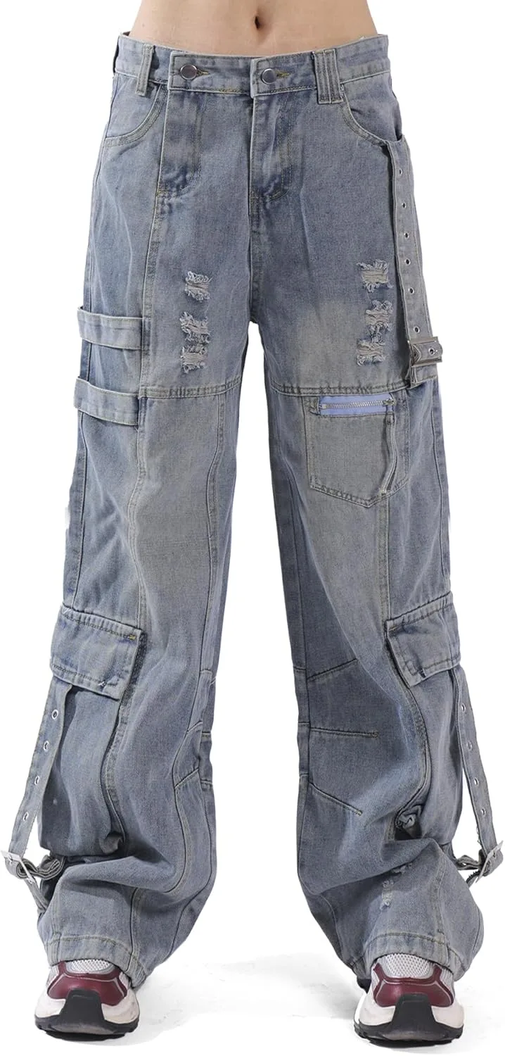 

Женские синие джинсы с сетчатыми вставками Mid-Rise Baggy Denim Pixviana