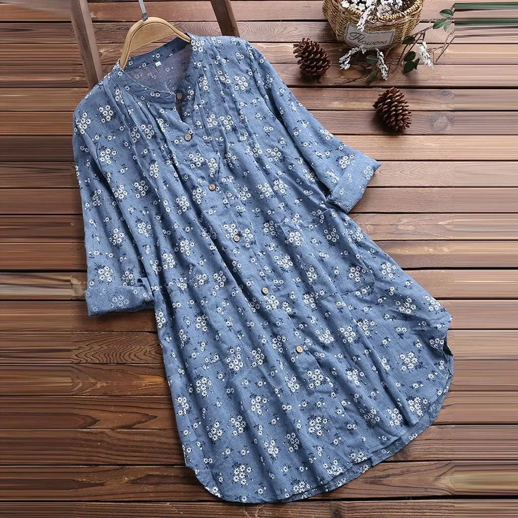 Блуза с цветочным принтом, длинный рукав, V-образный вырез, Casual, голубой — фото 2