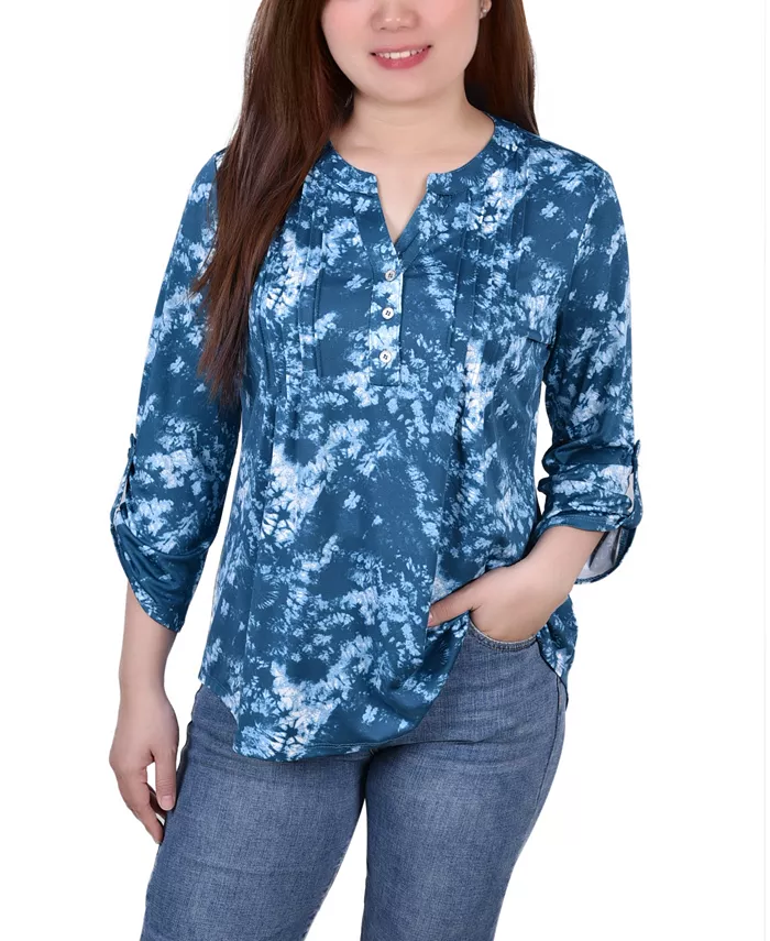 

Женский трикотажный жаккардовый топ с рукавом 3/4 и отворотом NY Collection, мультиколор