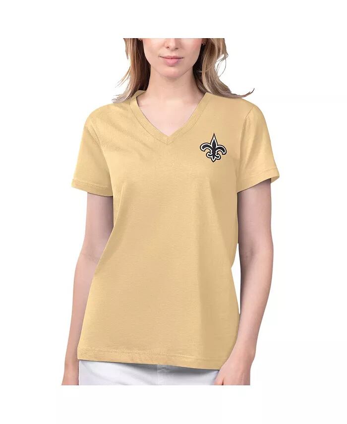 

Женская золотая футболка New Orleans Saints Game Time с V-образным вырезом Margaritaville