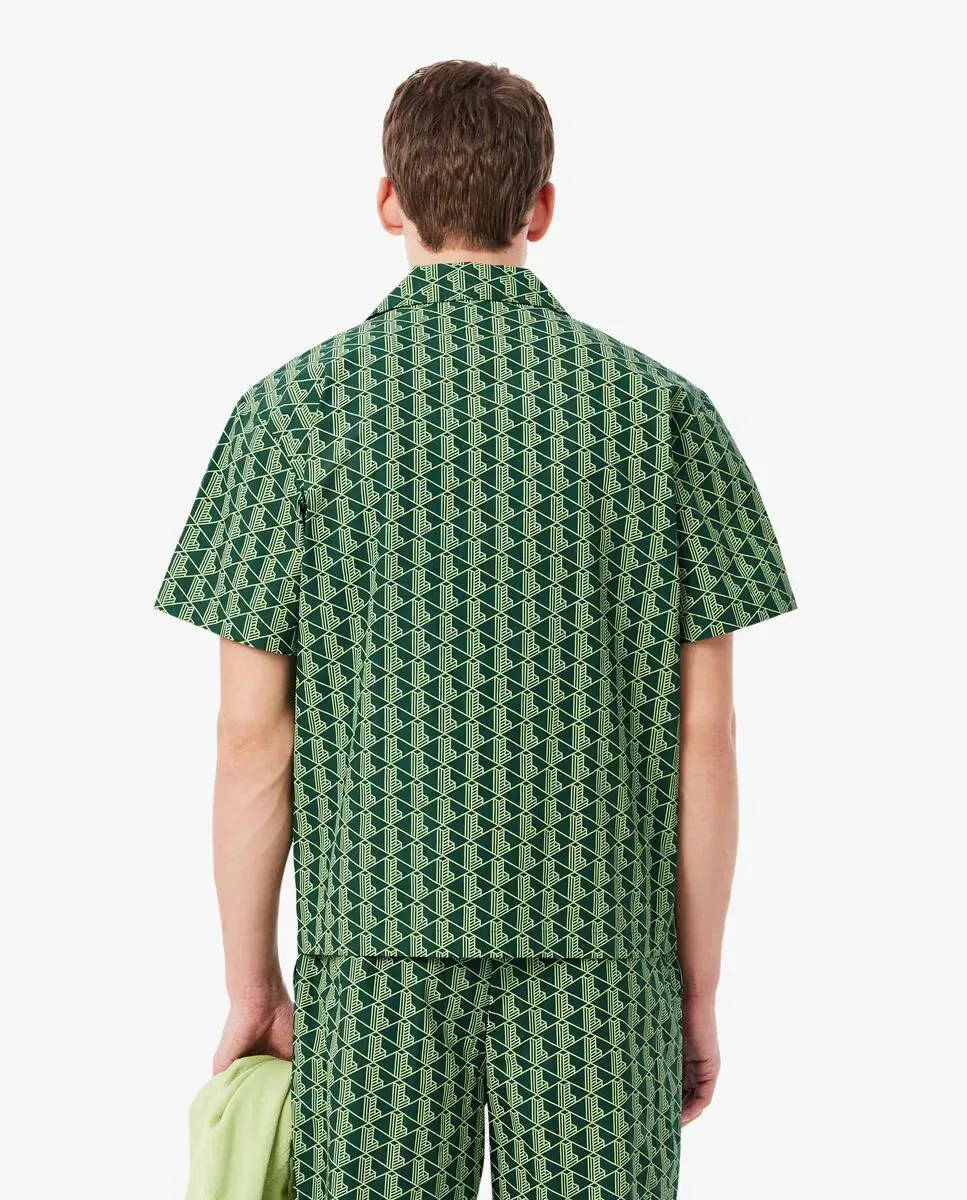 Lacoste Мужская пижамная рубашка из поплина с монограмменным принтом зеленого цвета с коротким рукавом — фото 2