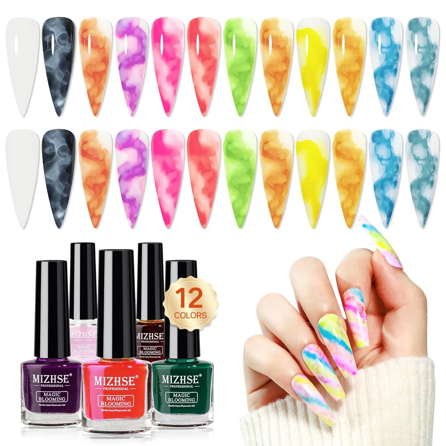 Набор MIZHSE Macaron Blooming Ink для дизайна ногтей, 12 цветов, 7 мл Mizhse, Macaron Blooming Gel