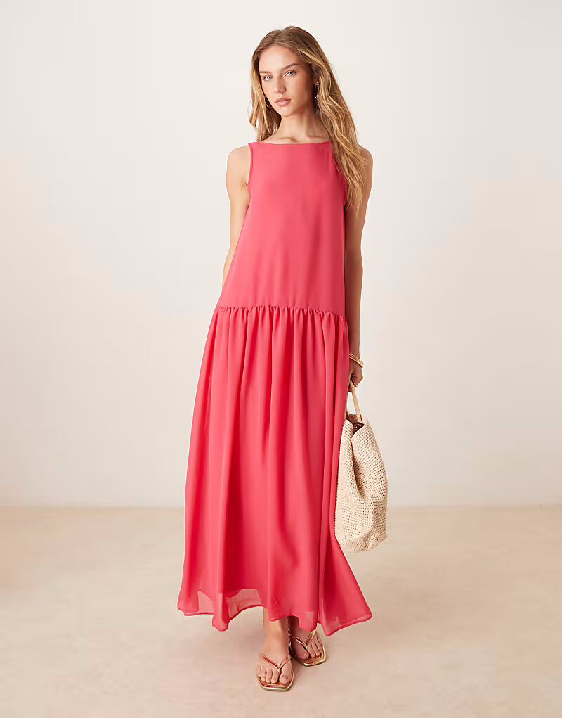 

Платье макси из шифона с заниженной талией ярко-розового цвета Asos Design