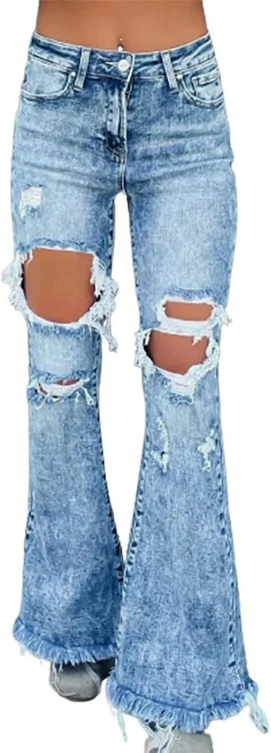 

Dawery женские джинсы с бахромой, рваными дырками и расклешенным силуэтом, Casual, высокая посадка