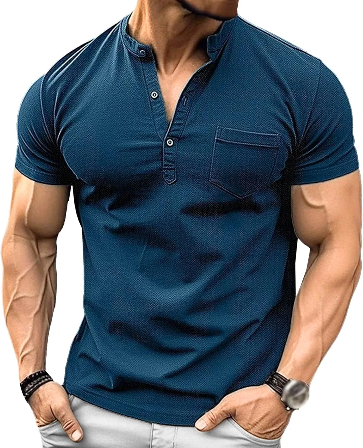 

Мужская рубашка с коротким рукавом и воротником стойкой, летняя, slim fit Zylphorix