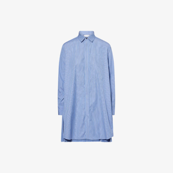 

Полосатое плиссированное мини-платье из хлопкового поплина Sacai, синий