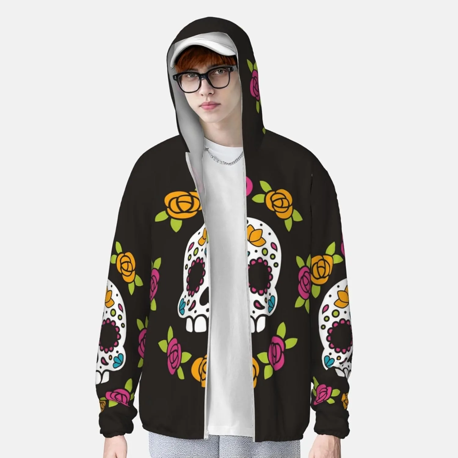Скелетон с цветами худи с защитой от солнца, лонгслив, легкая спортивная одежда с молнией для мужчин и женщин — фото 2