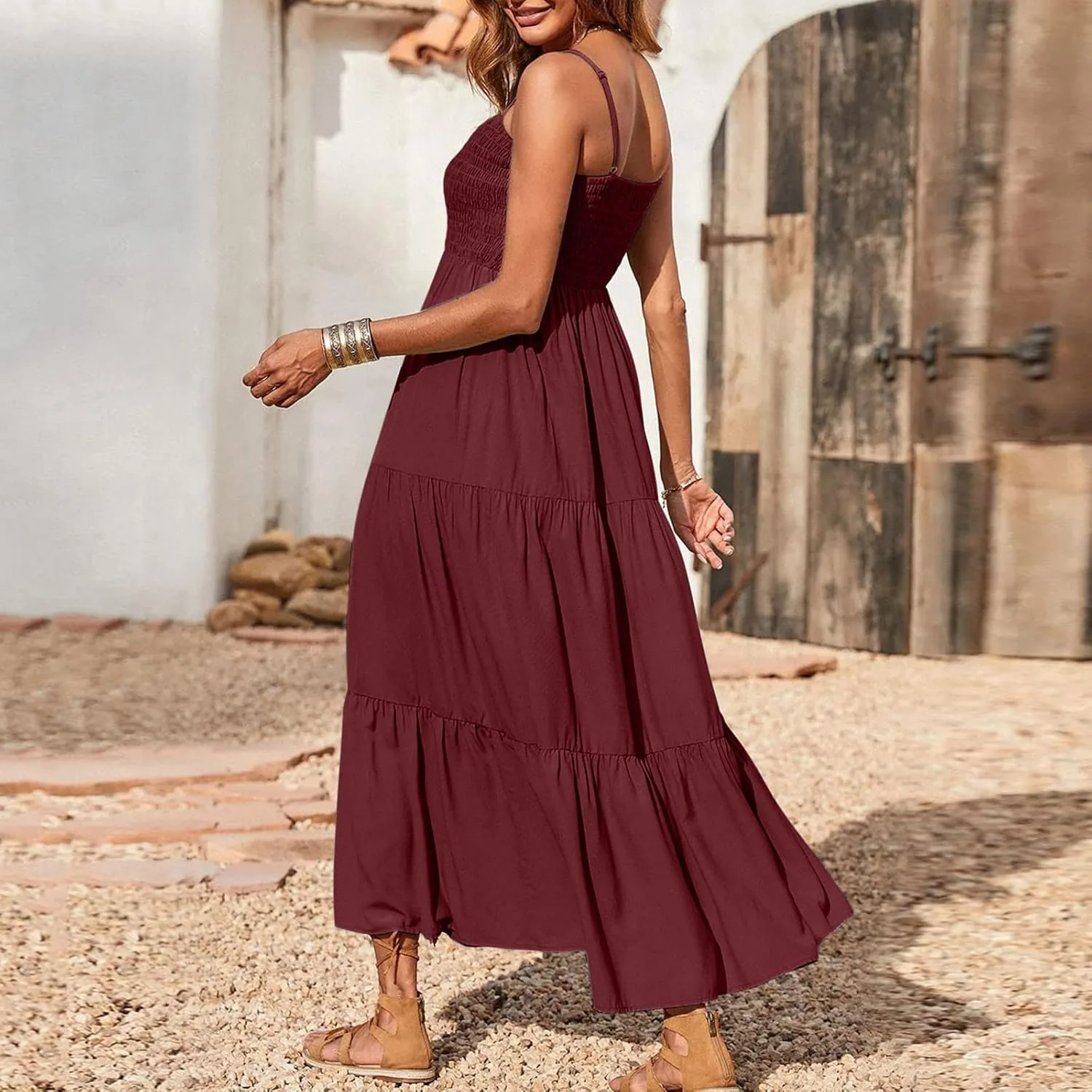 Женское платье-макси без рукавов на тонких бретелях в стиле бохо с плиссированной рюшастой юбкой свободного кроя Generic, Wine — фото 4
