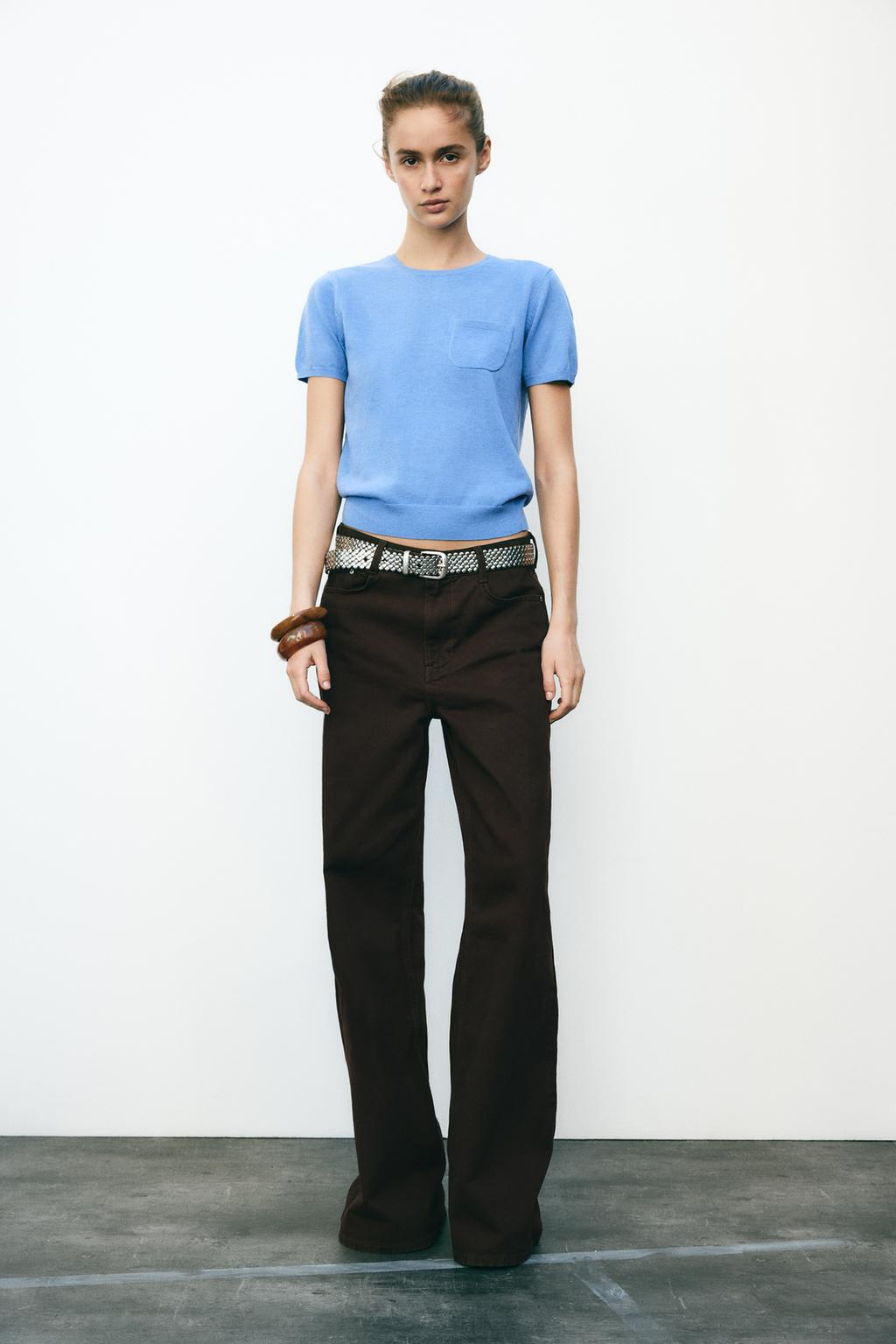 

Однотонный трикотажный топ с короткими рукавами ZARA, синий