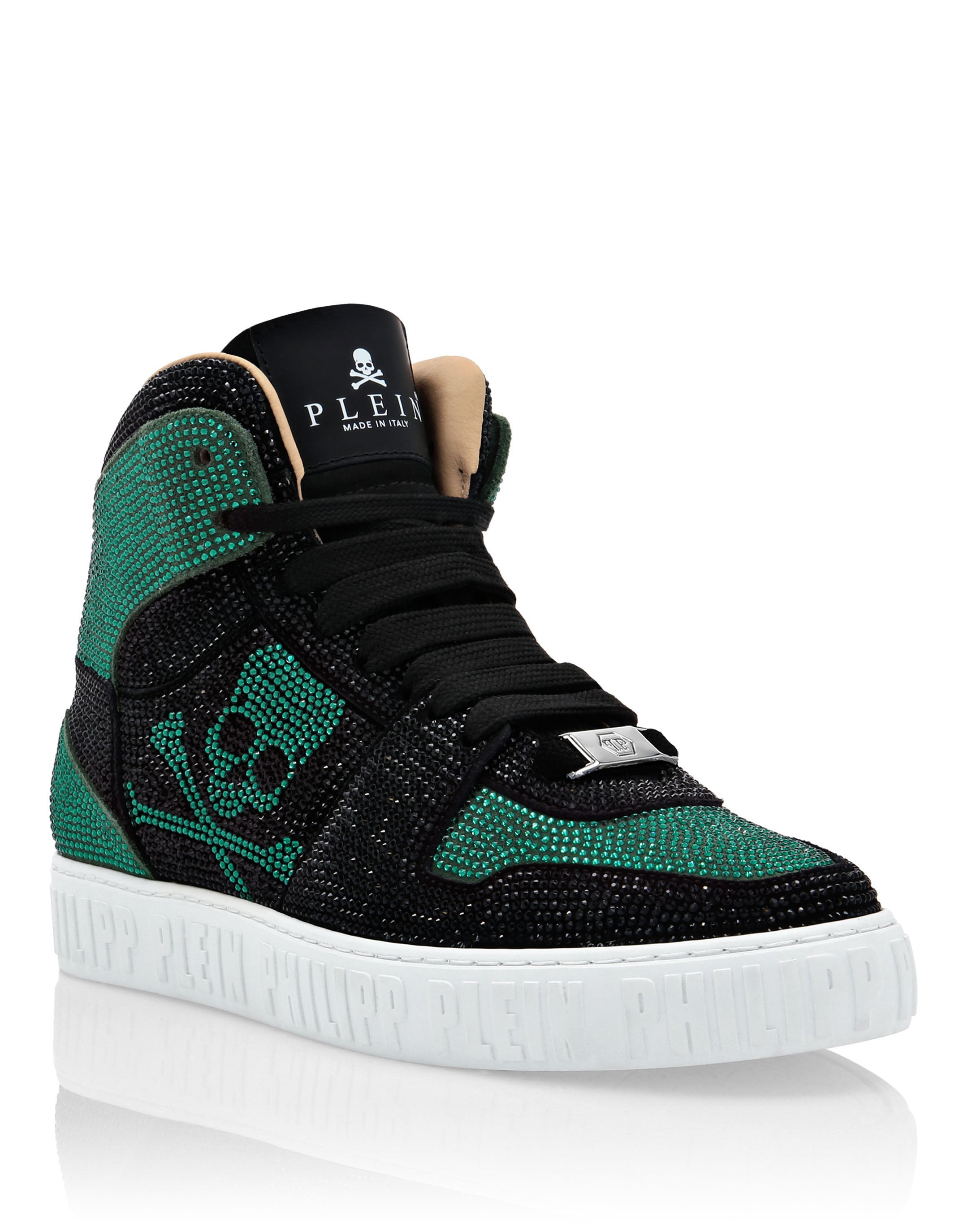 

ВЫСОКИЕ КРОССОВКИ NOTORIOUS CRYSTAL SKULL с кристаллами PHILIPP PLEIN, зеленый/черный