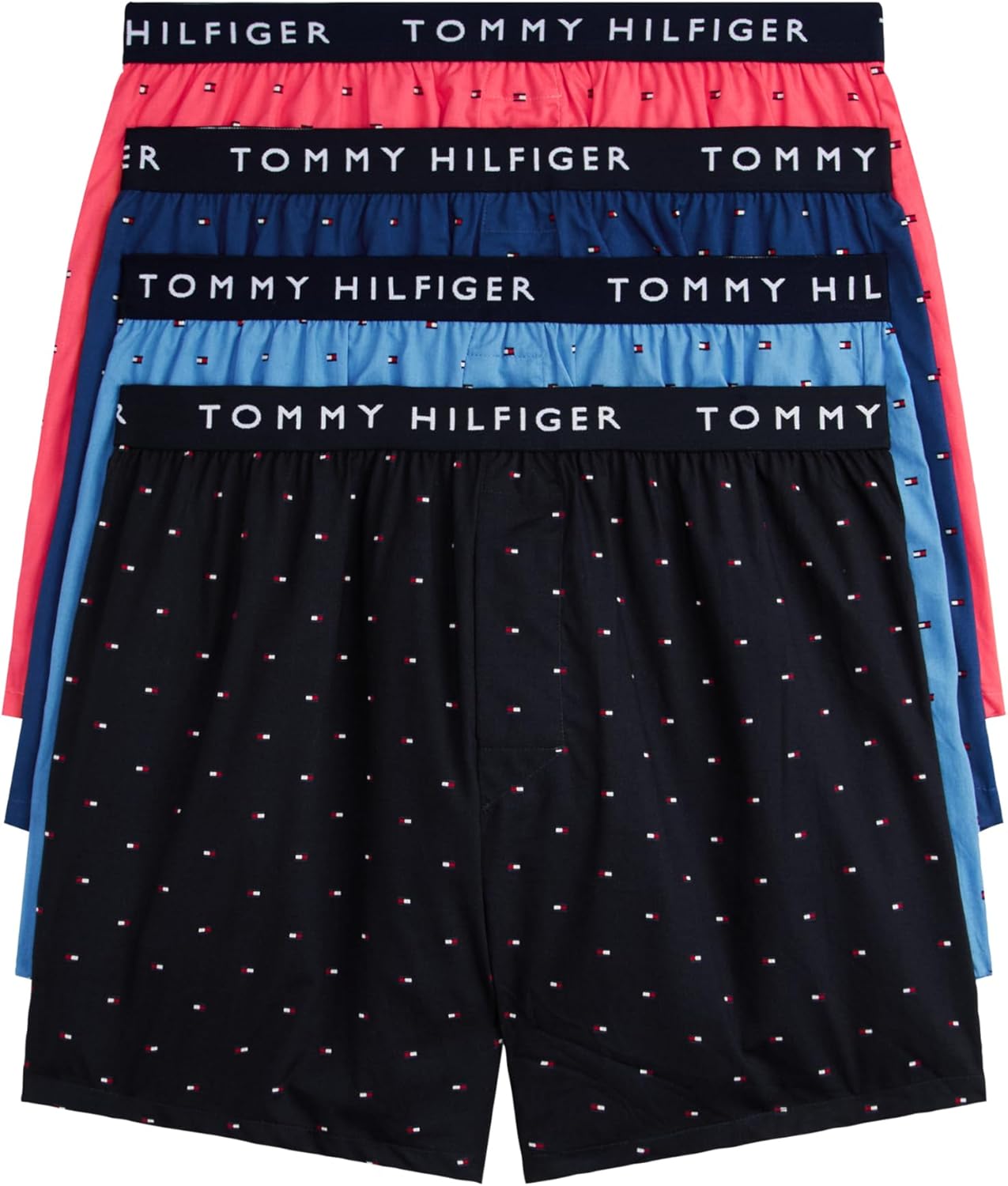 

Мужские классические хлопковые боксеры Tommy Hilfiger, комплект из 4 пар, Dahlia Red, Desert Sky, Copenhagen Blue, Anchor Blue W/ Micro Flag Print