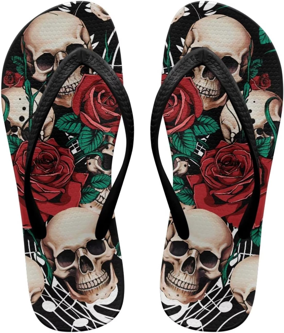 

Вьетнамки с черепом для женщин и мужчин, летние пляжные повседневные сандалии, удобные шлепанцы для душа Pointodoor, Skull Rose Print