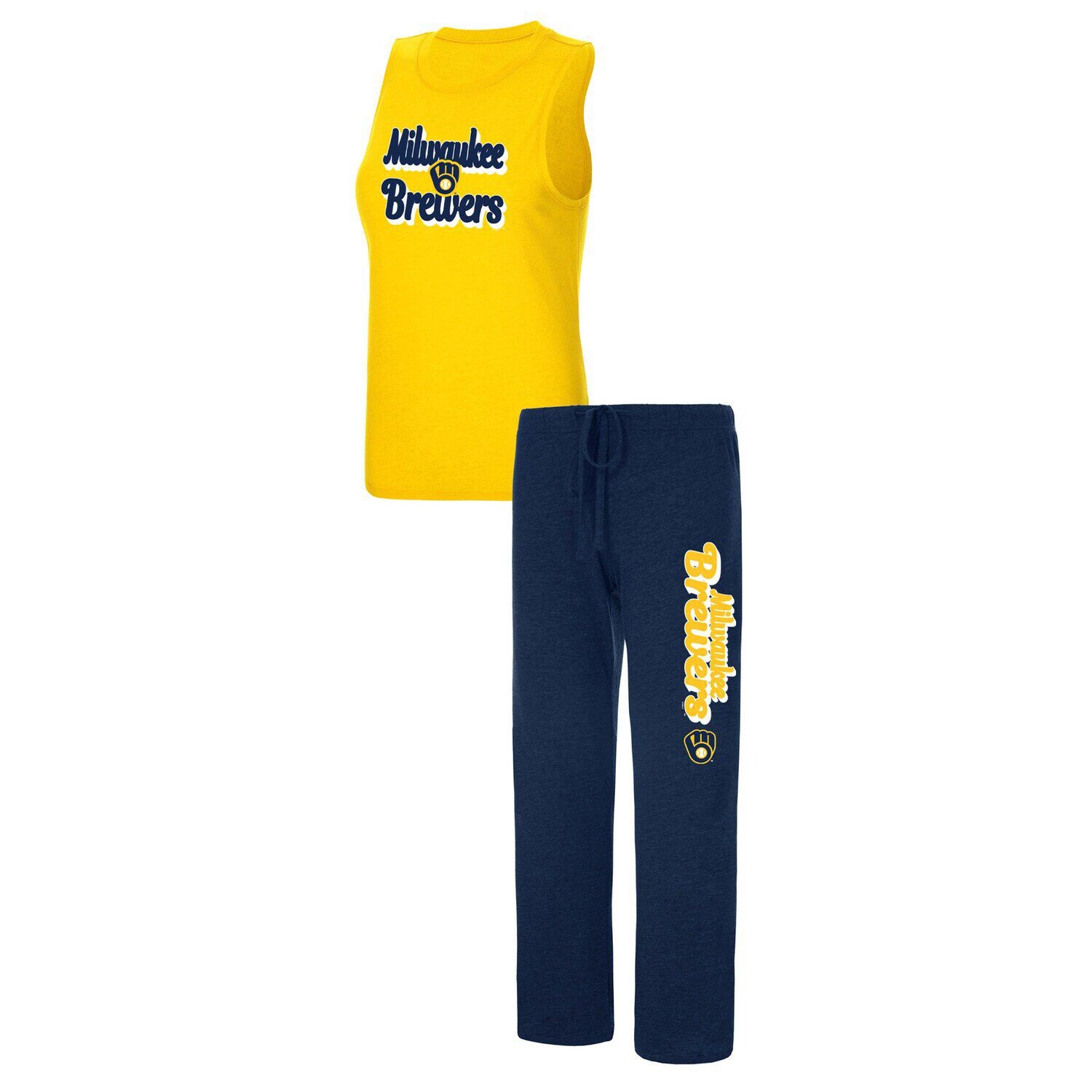 

Женский спортивный комплект темно-синего/золотого цвета Milwaukee Brewers Wordmark Meter Muscle Майка и брюки для сна