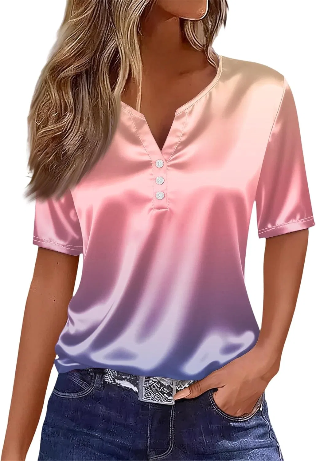 Блуза с V-образным вырезом, короткий рукав, женская, Casual, сатиновая, принт, 1-pink
