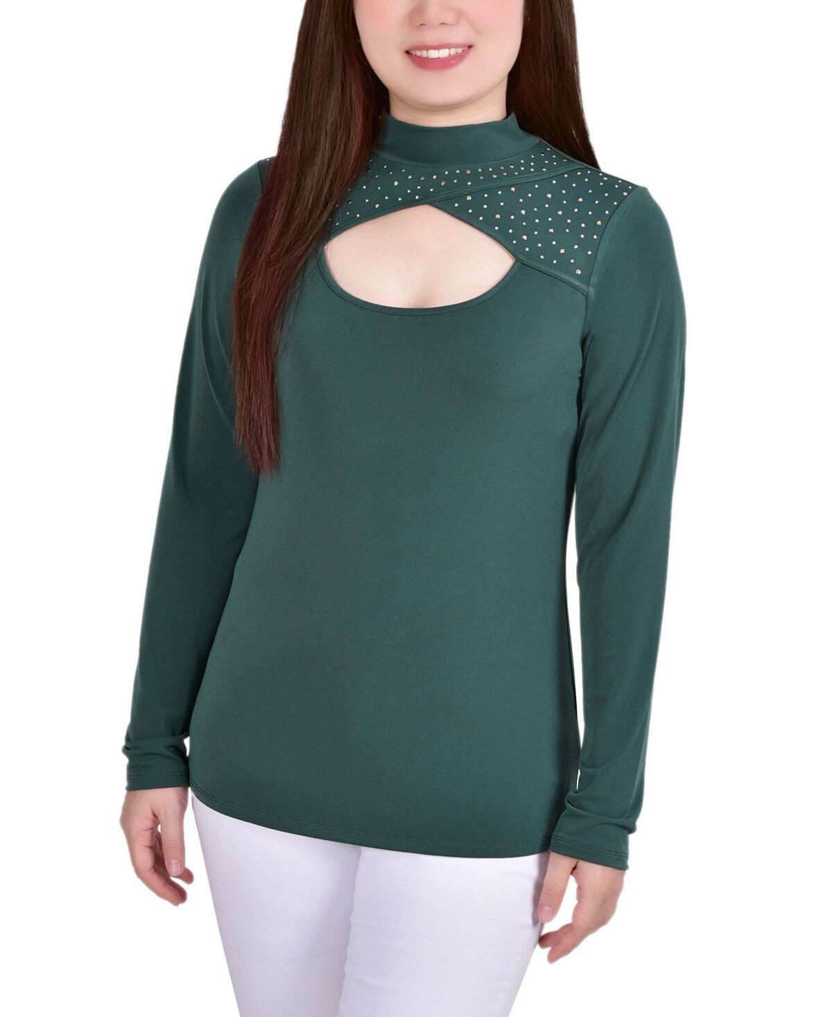 

Миниатюрный топ с длинными рукавами и заклепками NY Collection, зеленый