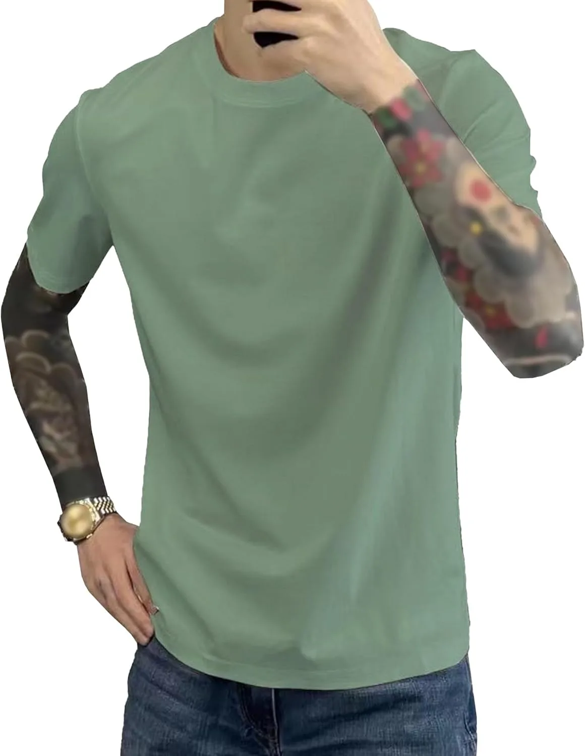 

Мужская однотонная футболка с коротким рукавом и круглым вырезом Aosufei