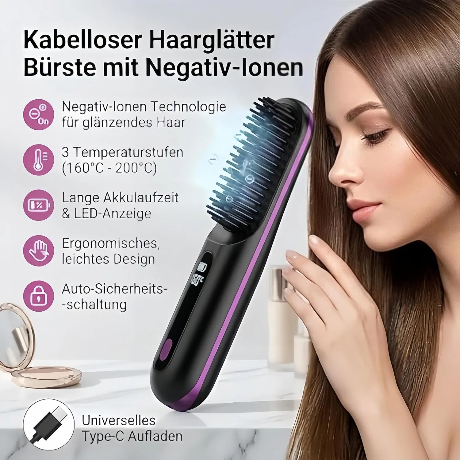 Портативная щетка-выпрямитель Luma Bliss для волос Meiion, Schwarz — фото 3
