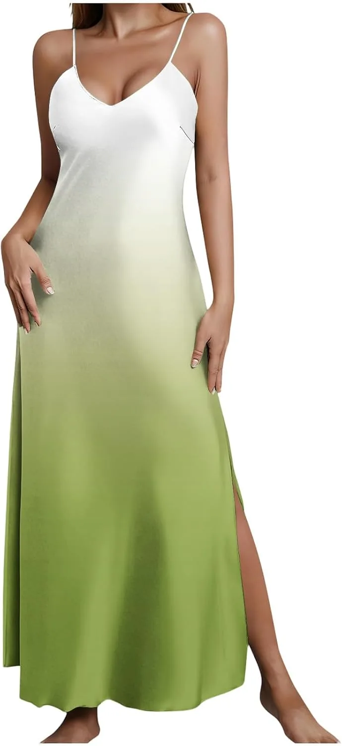 Летнее платье для женщин Satin на тонких бретелях с открытой спиной Maxi Formal Gradient для свадебных гостей с разрезом Generic, мультиколор