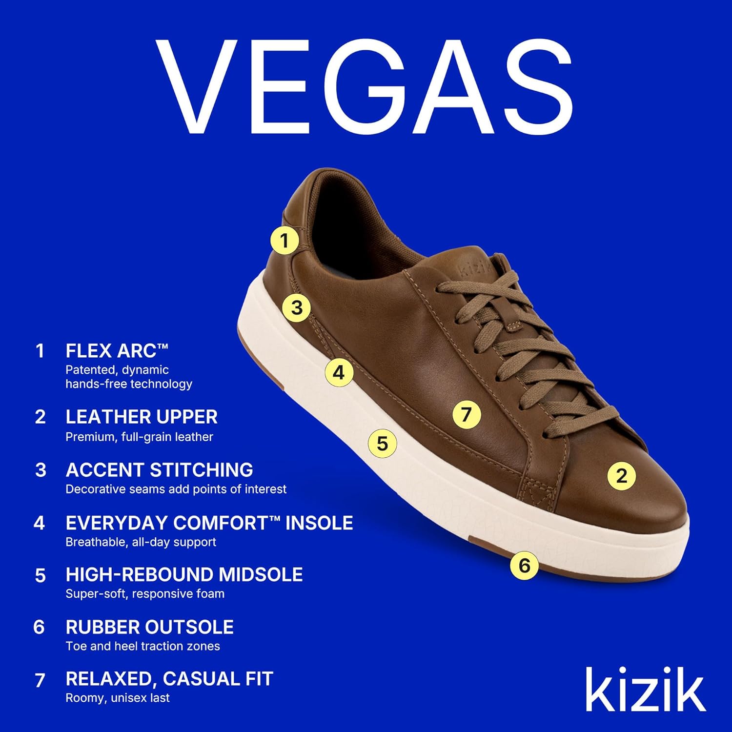 Кроссовки Kizik Slip On: Vegas - низкопрофильные кроссовки из натуральной полной кожи для женщин и мужчин, удобство без использования рук, подходит для классического или повседневного ношения, Chestnut — фото 3