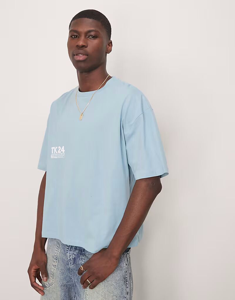 

Футболка свободного кроя ASOS DESIGN синего цвета с текстовым принтом