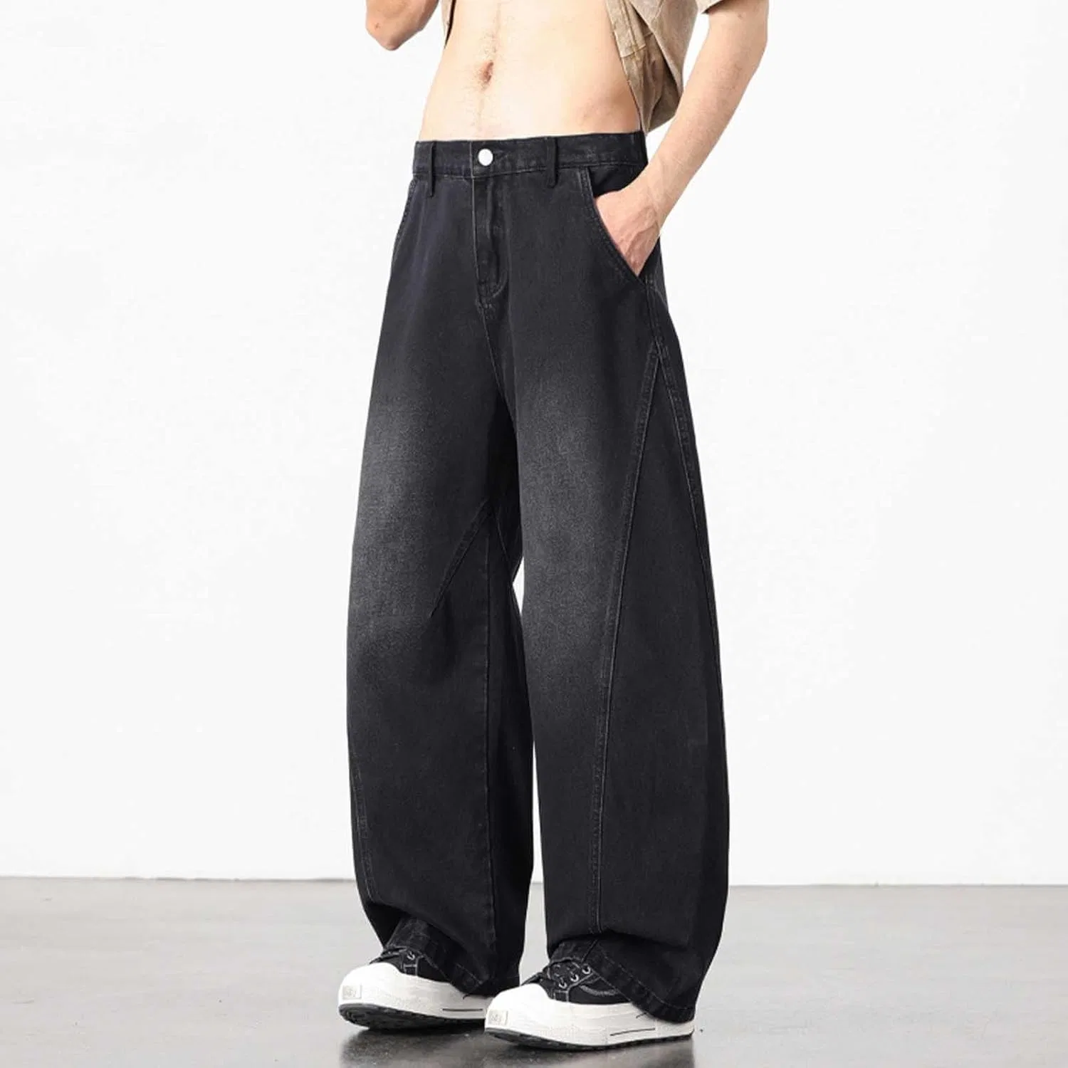 Джинсы прямые свободные Men's Full Length Casual Denim Pants Button Waist Baggy Straight Leg Trousers Fashion Boyfriend Jeans, Black — фото 2
