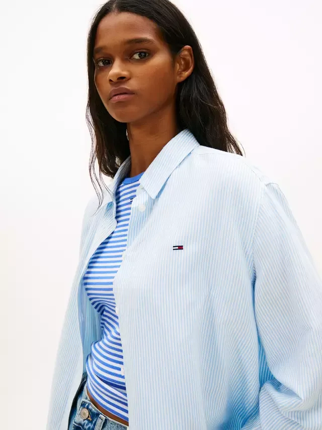 Рубашка свободного кроя из льна, светло-голубая Tommy Hilfiger — фото 4