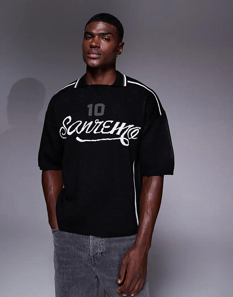 

Свободное трикотажное поло ASOS DESIGN со спортивной графикой черного цвета