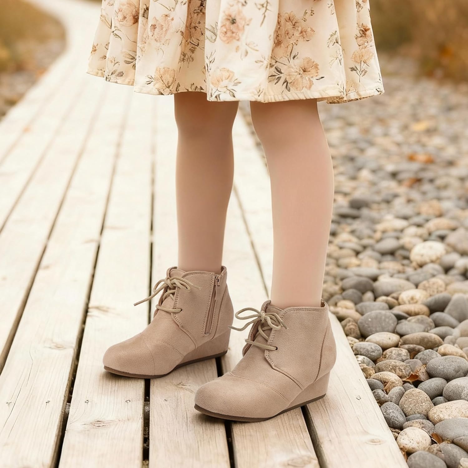 DREAM PAIRS ботильоны на низком клиновидном каблуке с боковой молнией для малышей/детей младшего и старшего возраста, Beige — фото 2