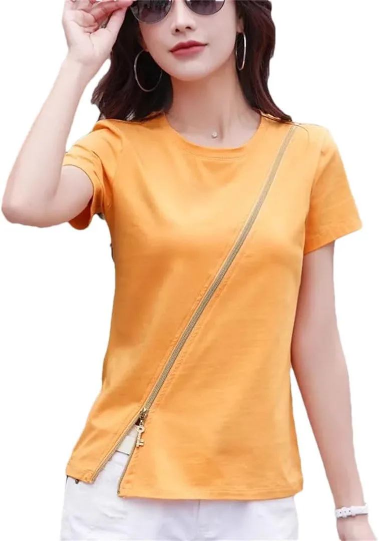 

Женская футболка с коротким рукавом, Split Zipper Top, Cotton, Plus Size